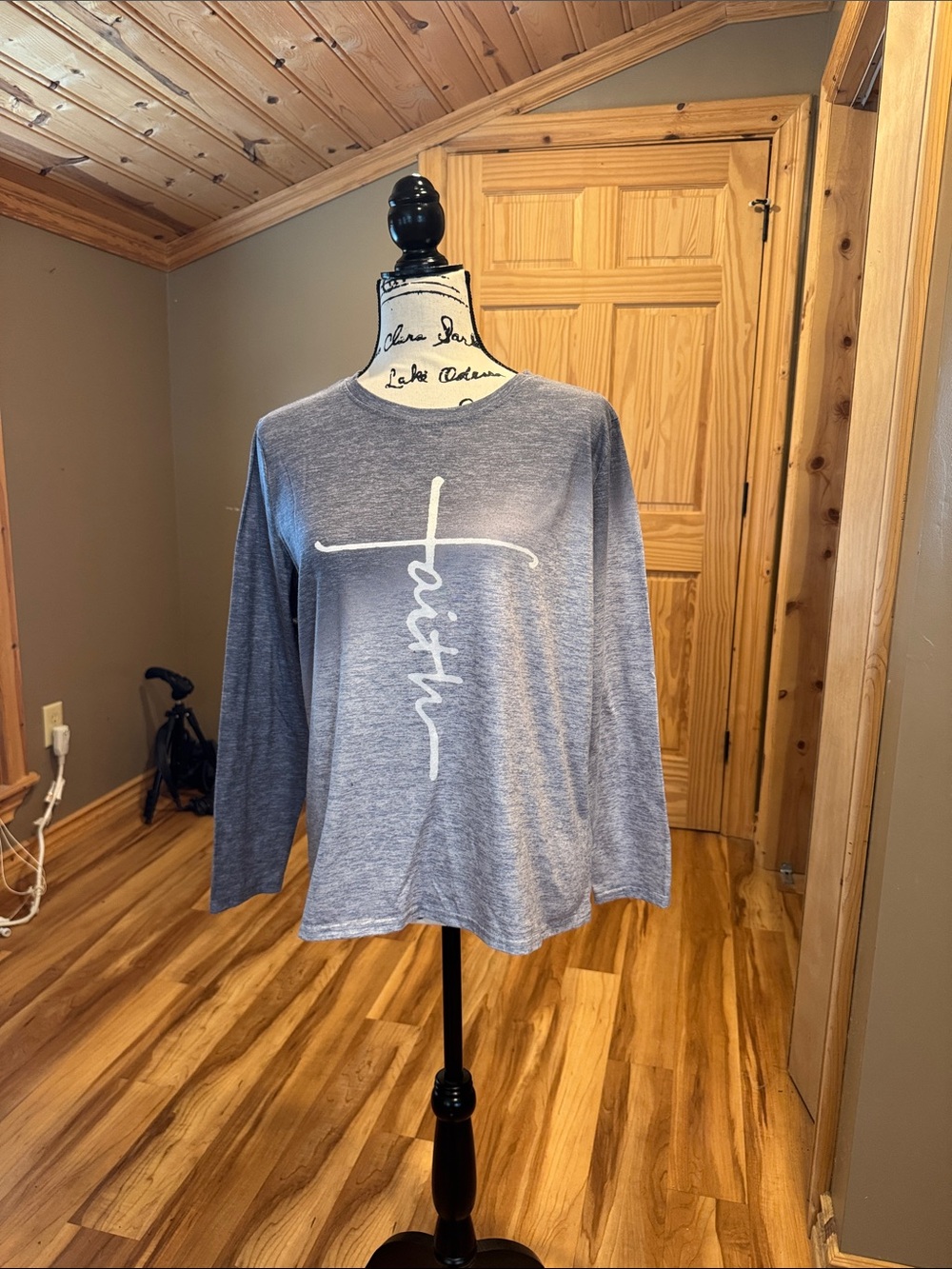 Amazon Long Sleeve Graphic Tee in Heather Blue with White 'Faith' Cross